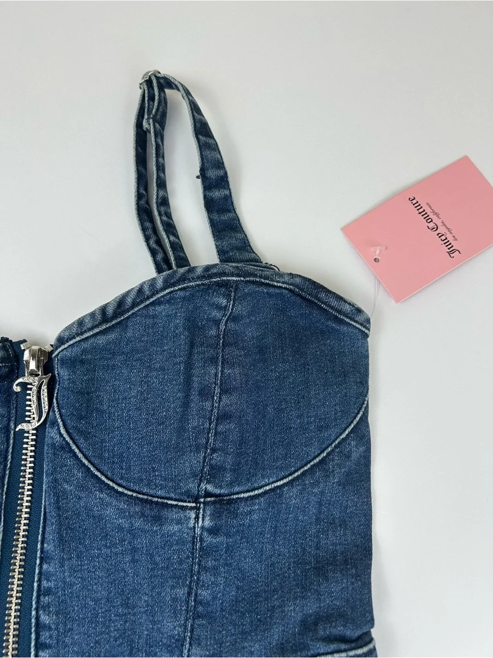 Juicy Couture Denim Dress S Blue Sweetheart Zip Front Bodycon Rhinestone NEW - Picture 6 of 9